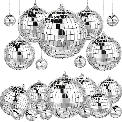 Pequeña bola de espejo – 12 piezas mini bola de discoteca para fiestas, adornos de árbol de Navidad, bolas plateadas colgantes clásicas