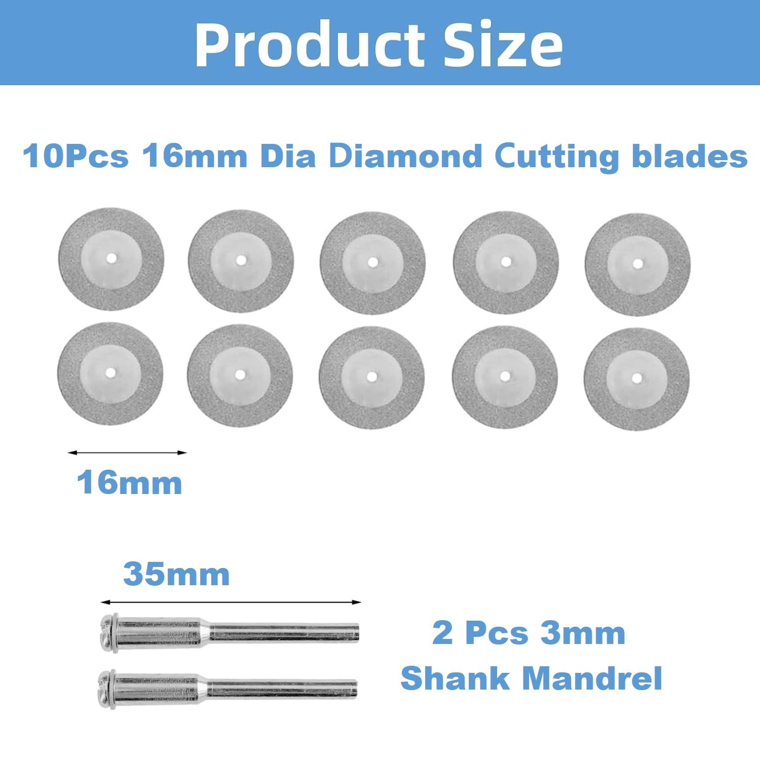 MiJunHD 10PCS 16mm Diamond Cutting Discs & 2PCS 3mm Shank Mandrel - Image 2