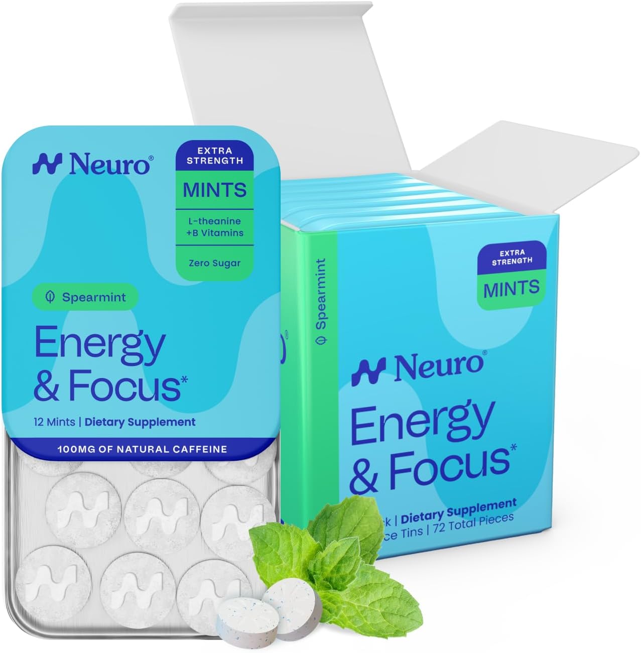 Neuro Energy & Focus Mints, Extra Strength - Sugar Free Breath Mints with 100mg Natural Caffeine, B Vitamins & L-Theanine - Vegan Brain Supplement for Exercise, Study & Daily Focus - Spearmint, 72 ct