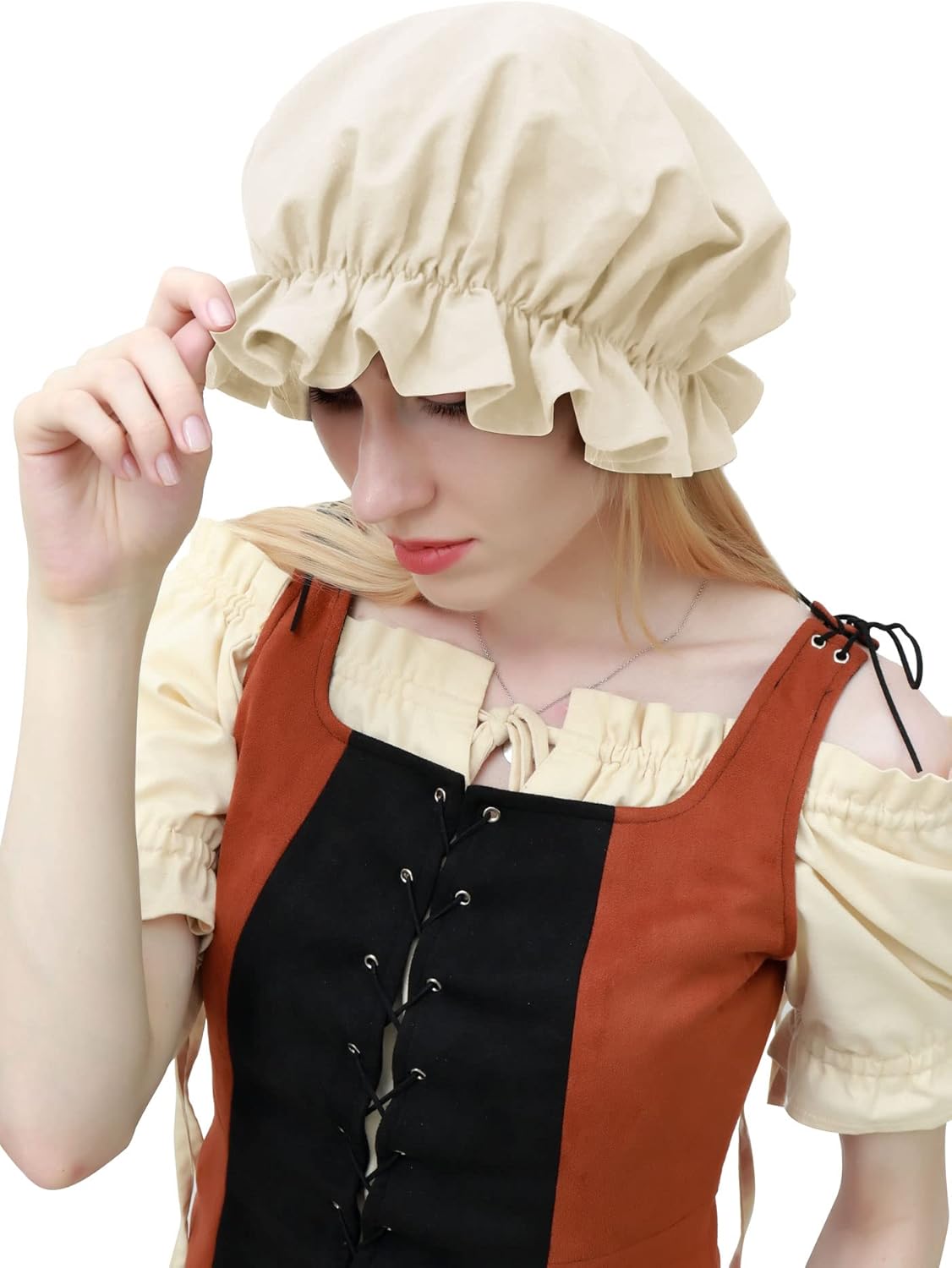 FURPHI Medieval Hat Women Victorian Bonnet Colonial Headwear Renaissance Costume Accessory - Image 2