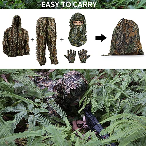 PELLOR 5PCS Ghillie Suit, 3D Leaf Camouflage Uniform Gilly Suit, Mask, Gloves, Storage Bag Set - Image 2