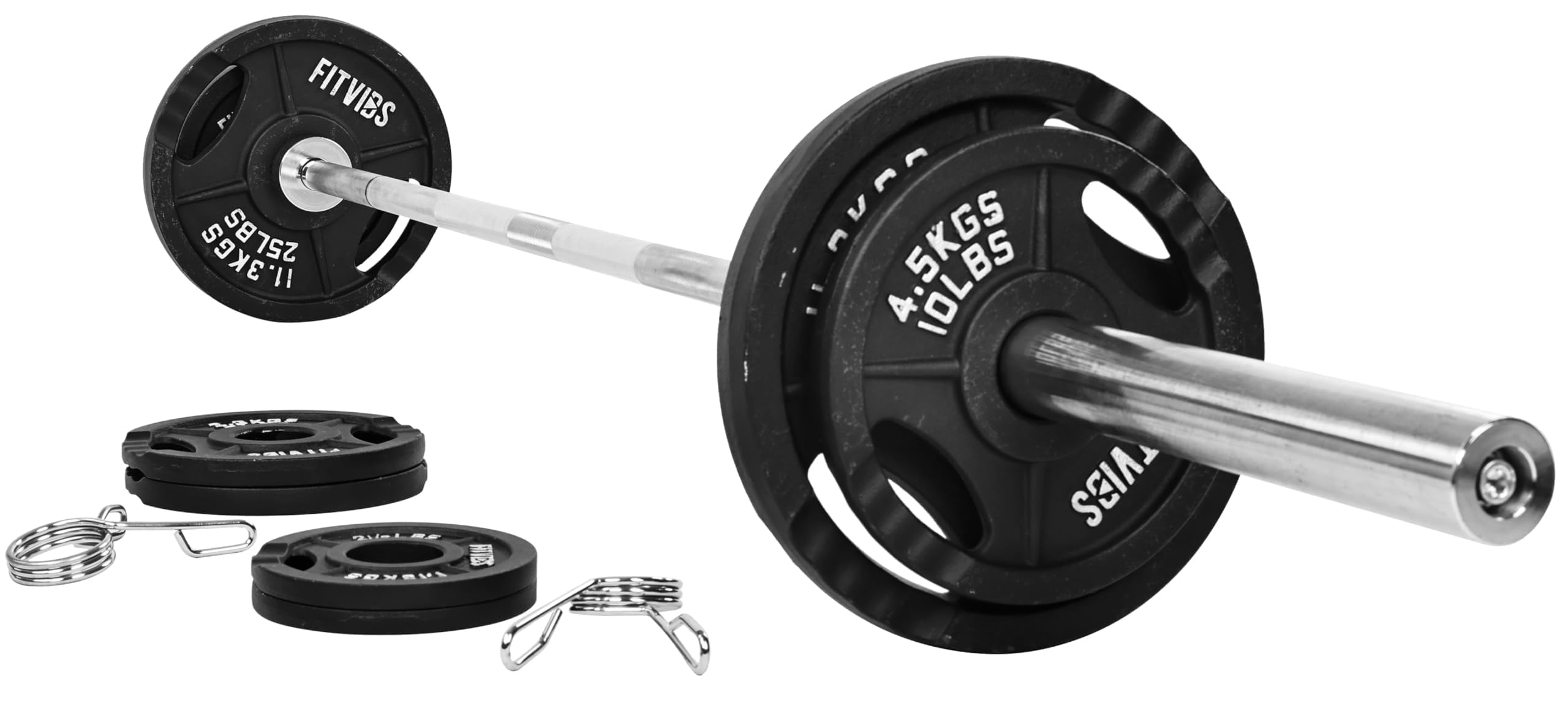 Fitvids Olympic Cast Iron 2-Inch Weight Plates Including 5FT Olympic Barbell Bar & Safely Locks, 100 Pounds Set (85 Lbs Plates + 15 Lbs Barbell Bar), Multiple Packages