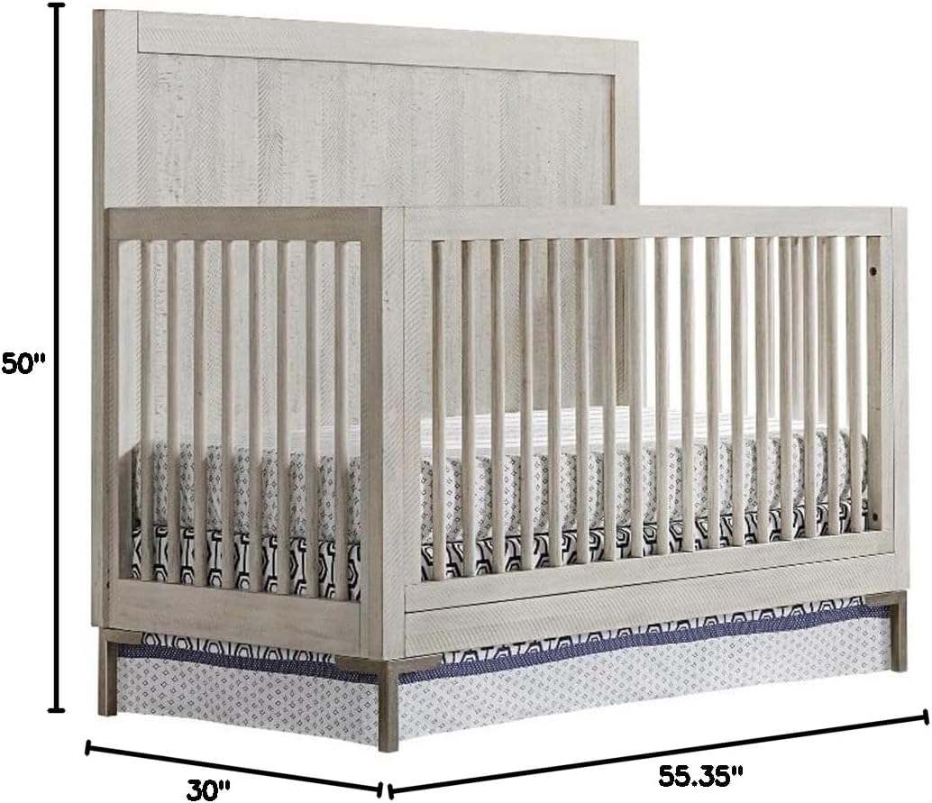 Pemberly Row Contemporary Wood Convertible Crib, 50" H x 55.35" W x 30" D, Solid Hardwood, Willow Gray Finish, Adjustable Mattress Height, Sturdy Design, Modern Nursery Furniture