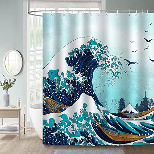 Bonhause Great Wave Shower Curtain 180 x 200 cm Japanese Kanagawa Ocean Waves Bathroom Curtain Waterproof Mildew & Mould Resistant Polyester Fabric Bath Curtain with 12 Hooks - Image 2