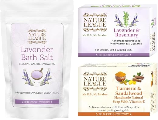 NATURE LEAGUE - Natural Skin Nourishing Bath &amp; Body Combo of Handmade Soaps with Lavender Bath Salt, Made With Natural Ess...
