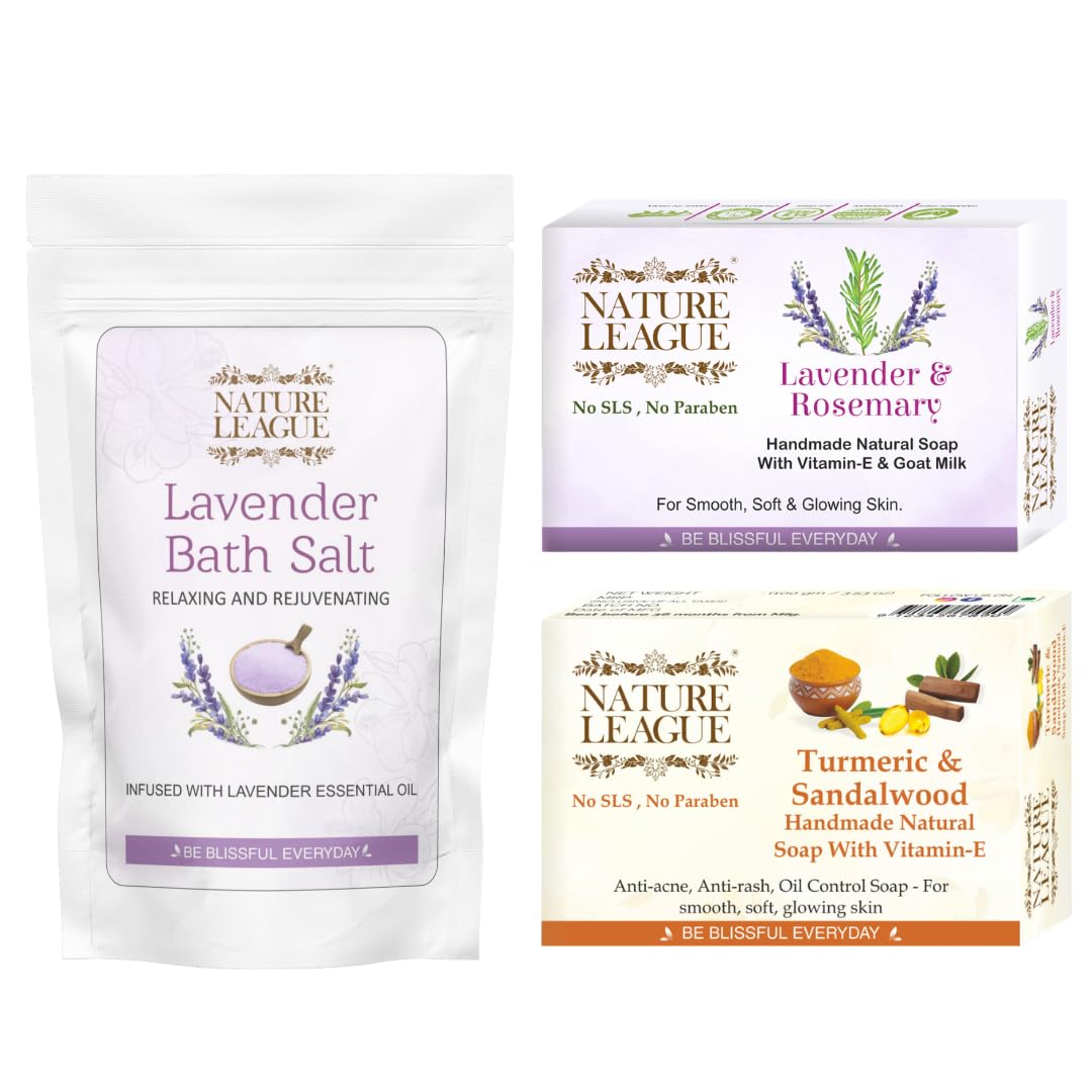 NATURE LEAGUE - Natural Skin Nourishing Bath & Body Combo of Handmade Soaps with Lavender Bath Salt, Made With Natural Ess...