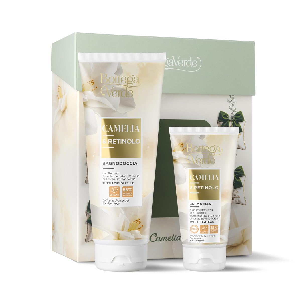 Bottega Verde - Cofanetto Regalo Camelia e Retinolo, con Bagnodoccia 200 ml e Crema Mani 75 ml, Profumo Fresco e Fiorito, Efficacia Nutritiva e Protettiva, Idea Regalo