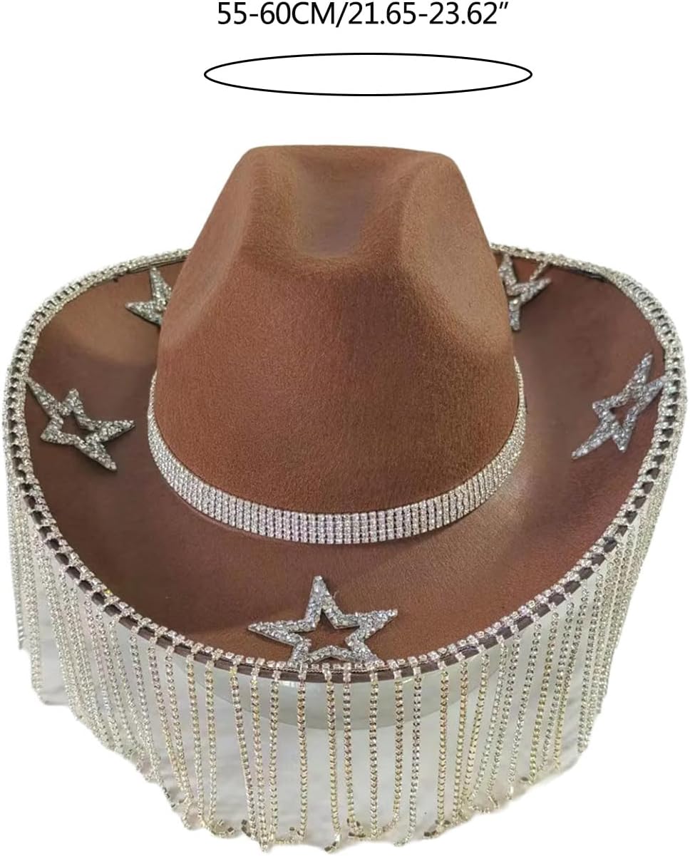 Rhinestones Fringed Western Hat for Women Music Festival Fedoras Hat Large Brims Bridal Hat Role Play Party Headpiece