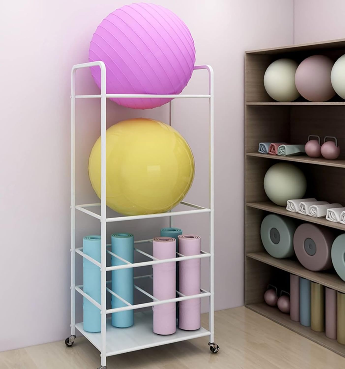 Large Capacity Tall Yoga Ball/Yoga Mats Storage Organizer Stand, Heavy Duty Metal Rolling Foam Roller Display Rack Holder on Wheels, Easy to Install,Black-L