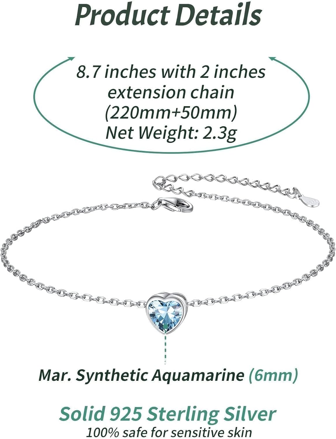 ChicSilver 925 Sterling Silver Anklets for Women, Simple Dainty Round/Heart Birthstone Ankle Bracelet Beach Foot Jewelry, 8.7-10.7 Inch Adjustable