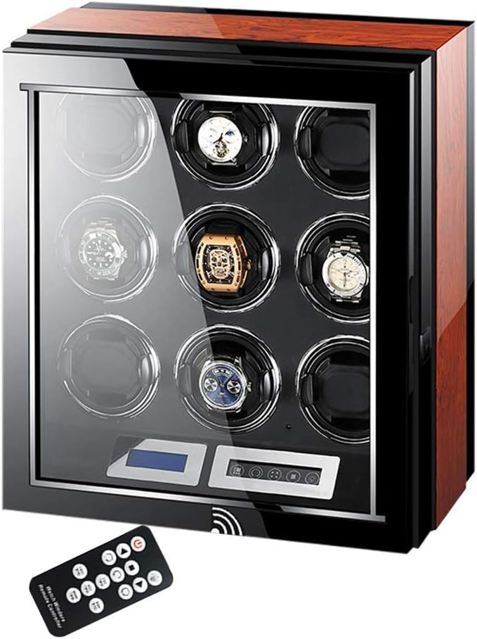 Luxury Automatic Watch Winder LCD Display Touch Screen Display Super Quiet Motor Wooden Piano Finish with Remote Control & Led Elegant Showcase, 9+0