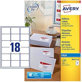 Avery Self Adhesive Address Mailing Labels, Inkjet Printers, 18 Labels per A4 Sheet, 1800 Labels, Quickdry (J8161), White, 100 Sheets