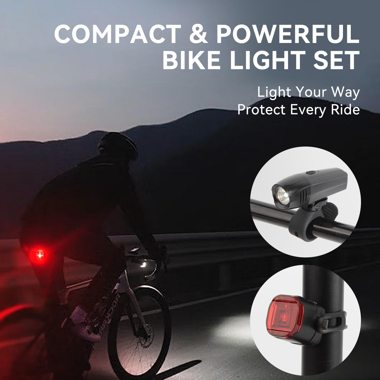 Venzio Luci per bici, faro e fanale posteriore per bici ricaricabili USB-C, 6+2 modalità luci anteriori e posteriori per guida notturna, set di luci per bicicletta impermeabili IPX4, accessori per