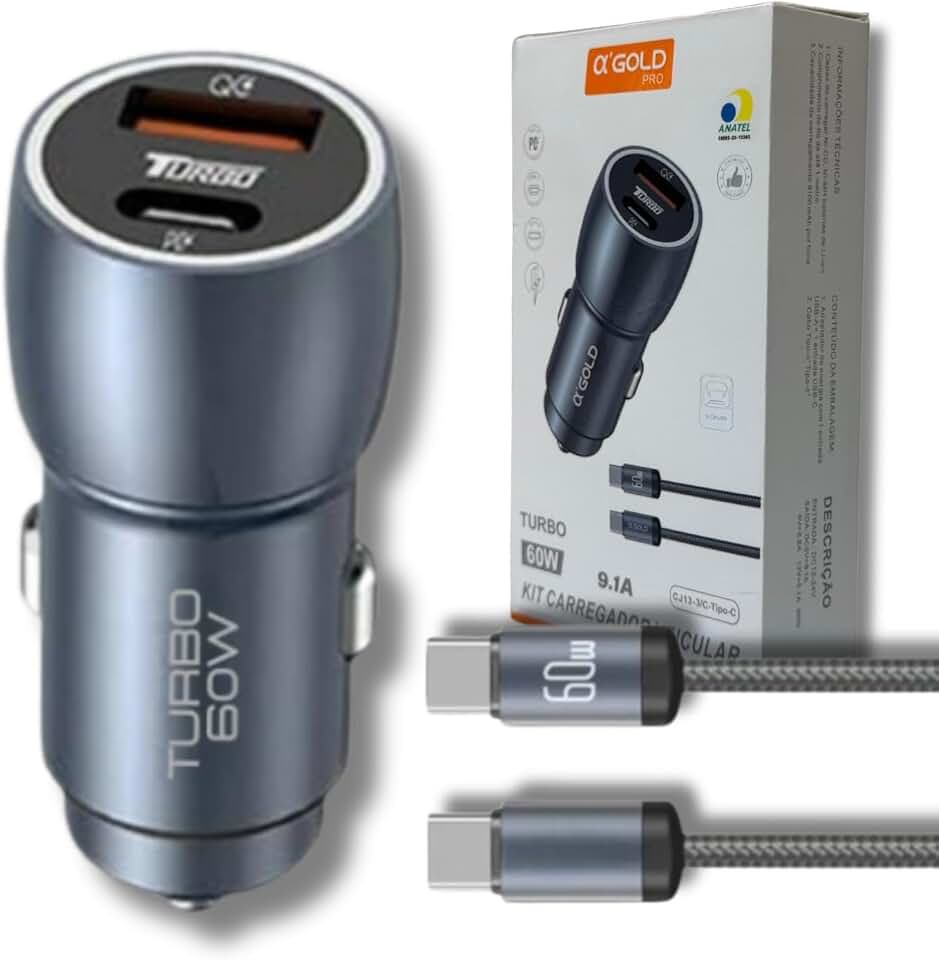Carregador Veicular Turbo 60W Pro, Kit com Cabo USB-C. Duas portas USB 3.0 + USB-C, Led, Carregamento Rápido 9.1A Fast Charge Carro/Automotivo Compatível com IOS e Android – Premium (Cinza)