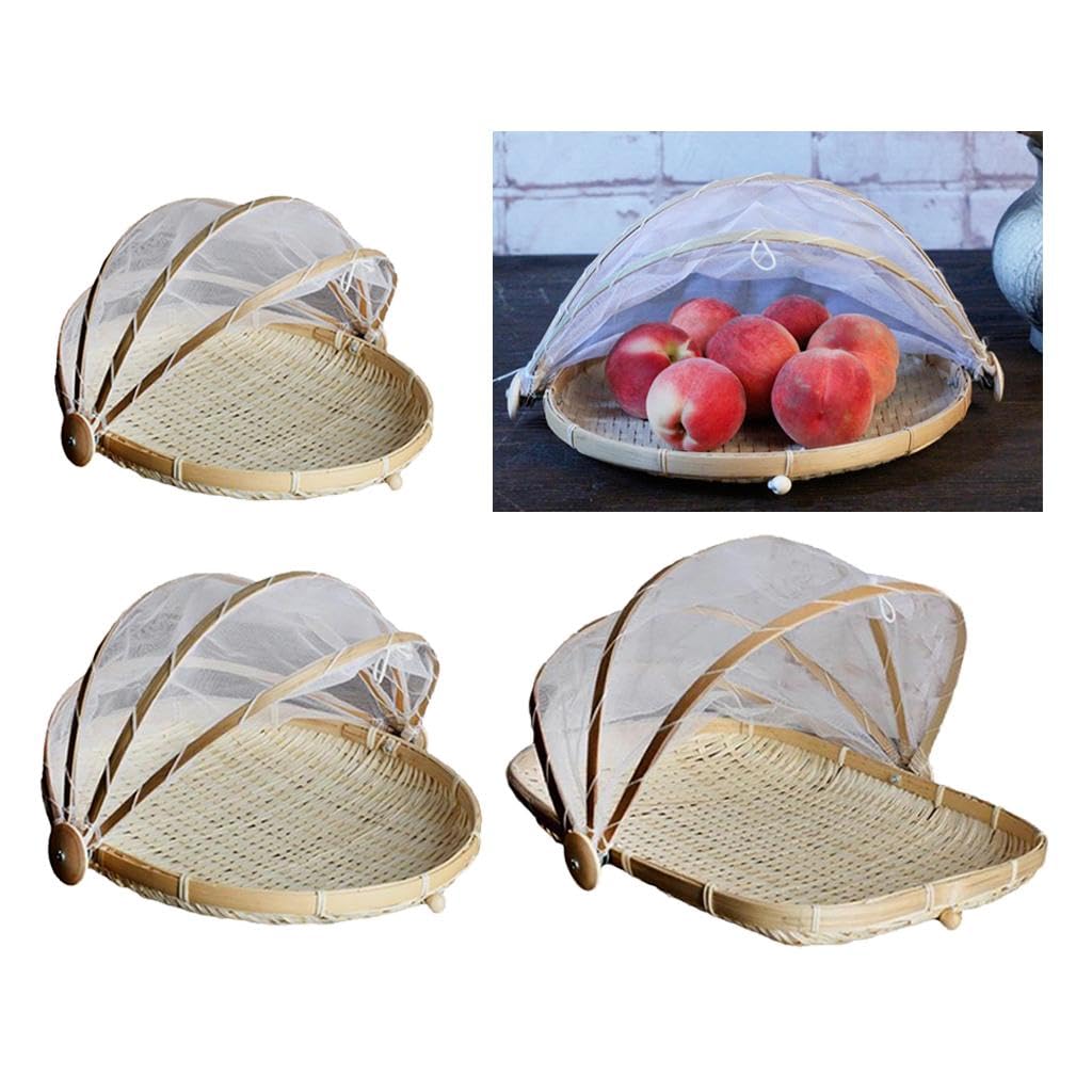 3 cestini in bambù per servire cibo all'aperto, picnic, copertura in rete a rete – vassoio retrattile protezione insetti