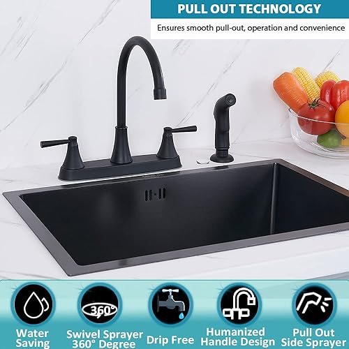 Miniatura 3 de TDLKF29B - Grifo de cocina negro, grifo de cocina con rociador, 3 agujeros o 4 agujeros, negro mate para fregadero de cocina, grifo de fregadero de