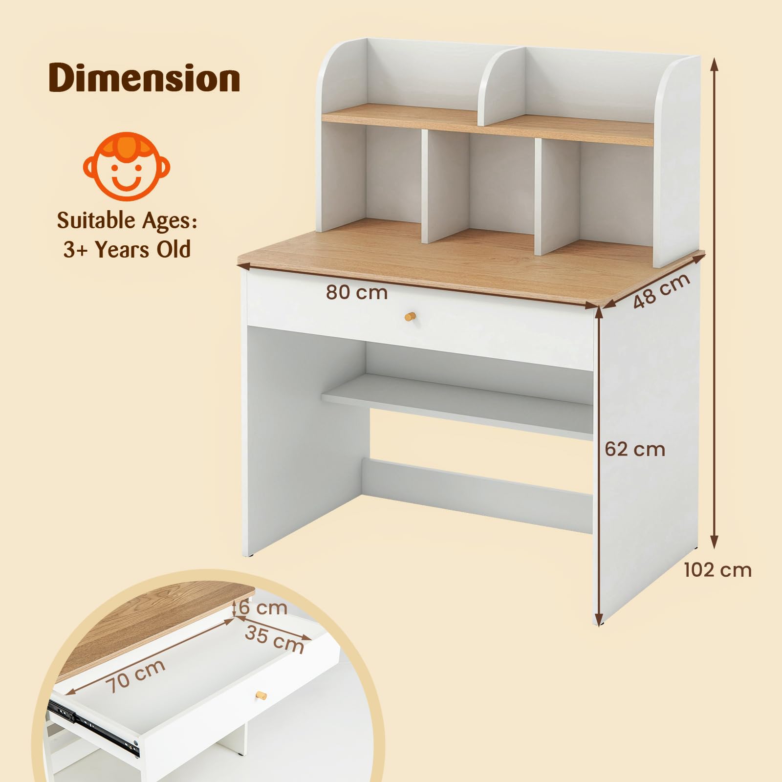 LIFEZEAL Bureau Enfant avec Rangement, Table d'étude en Bois Blanc, Grand Tiroir, pour Garçon Fille 3+ Ans