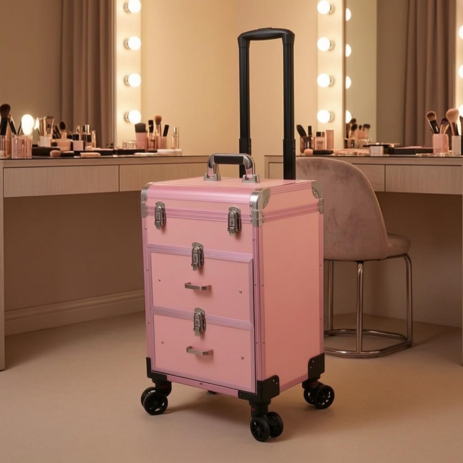harayaa Maquilleur Étui Valise Trolley Coffret Mallette avec Coque de et Métal Poignée Télescopique et roulettes Douces Rangements Compartimentés et, Rose, Rose