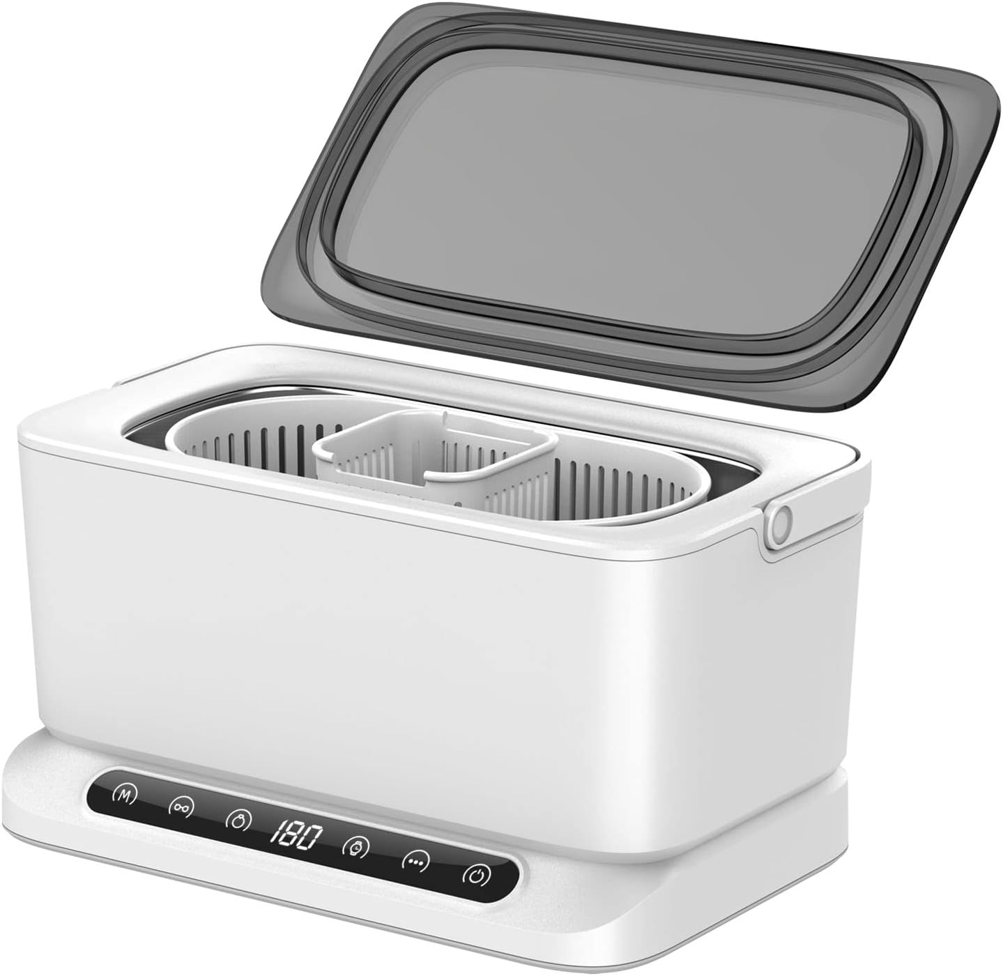 SWAREY H1 Ultrasonic Cleaner with lid open, showing the internal tank and baskets.