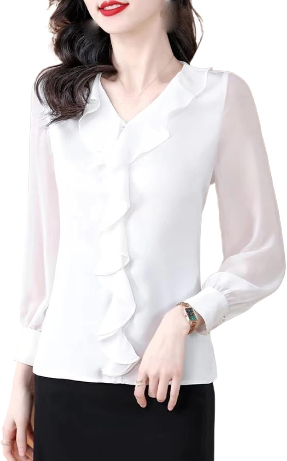 JYHBHMZG Women's Ruffles Design Black Office Ladies Top Blouse Summer Casual Long Sleeve White Shirt