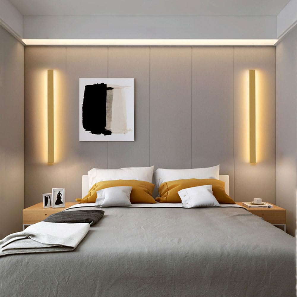 Liniowa lampa ścienna LED do sypialni, salonu, na zewnątrz długi pasek, złote kinkiety nocne, ciepła LED 3000K, akryl, dekoracja wnętrz