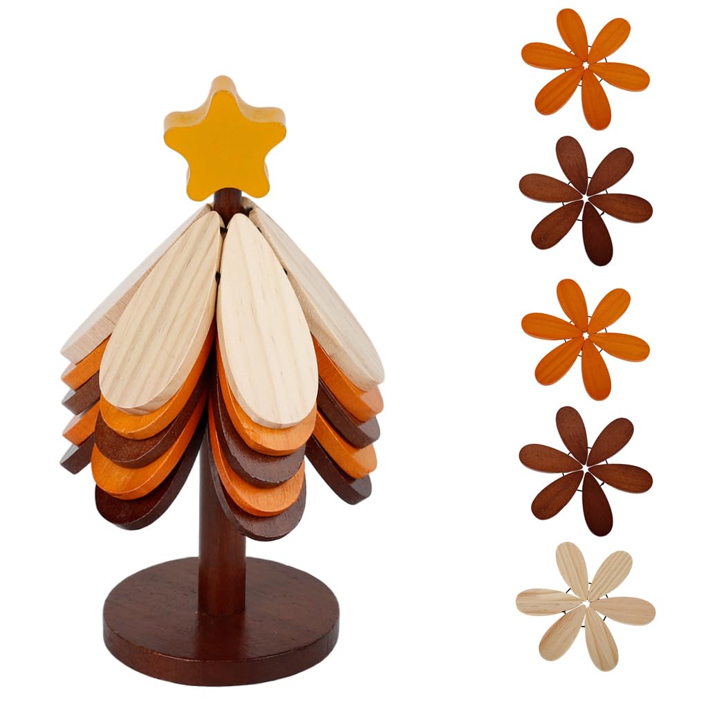 Wooden Christmas Tree Coasters Set, 6 Piece Heat Resistant Drink Coasters with Storage Stand, Home Table and Coffee Table Decor-image-47