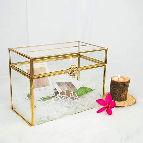 Miniatura 9 de Tarjetero de cristal dorado  Caja de sobres de boda con forma rectangular con ranura y pie, perfecto para recepción y centro de mesa de fiesta