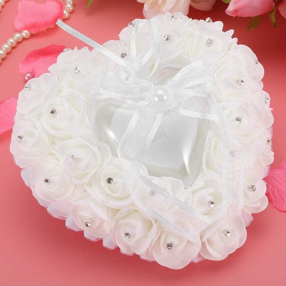 GOTOTOP Wedding Ring Pillow, Romantic Lace Crystal Rose Wedding Heart Shape Ring Box Pillow Cushion with Ribbon Pearl Wedding Ceremony for Wedding Supplies Gift (White)
