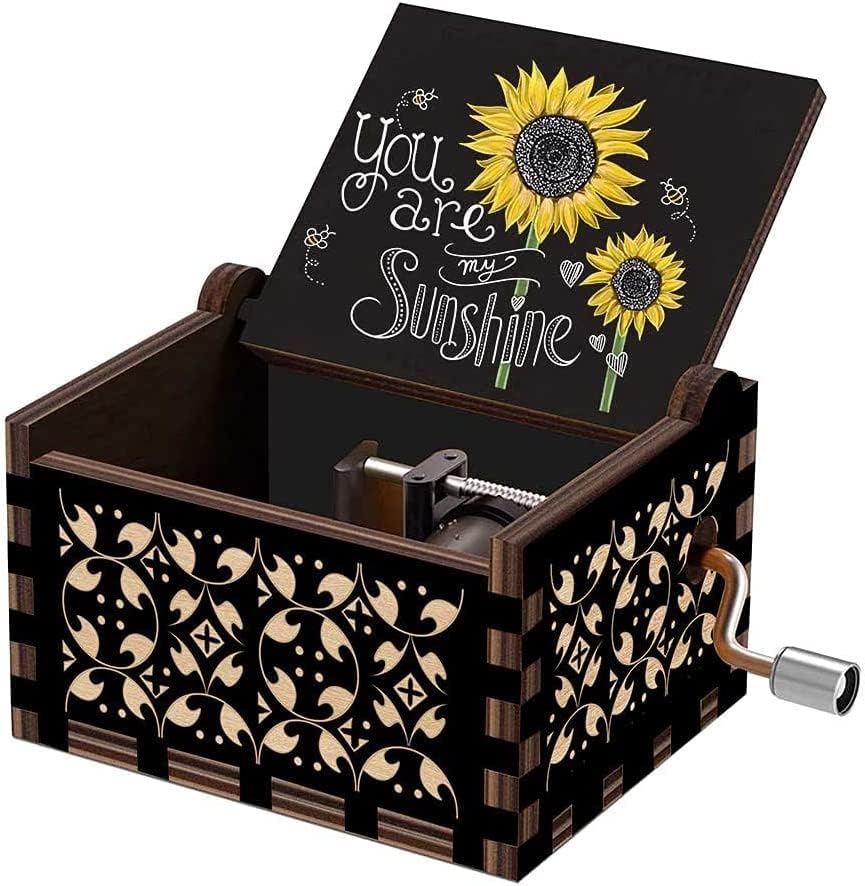 SYOSI Black Music Box Gift You are My Sunshine Music Box Vintage Hand Crank Wood Engraved Small Personalized Musical Box Gift Kids Toy Present Birthday Valentines Day Mother's Day