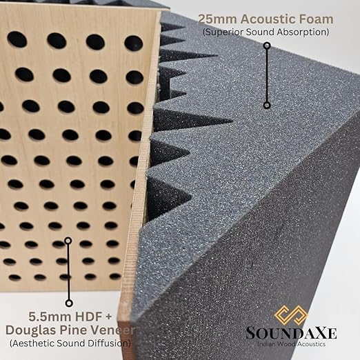 Image of SoundaXe M-Dot Corner Bass Trap, Wood + Acoustic Foam | Diffuse Bass in Studio & Home Theatres Douglas Pine, 24x15 inch, 2 pcs + SR Adhesive