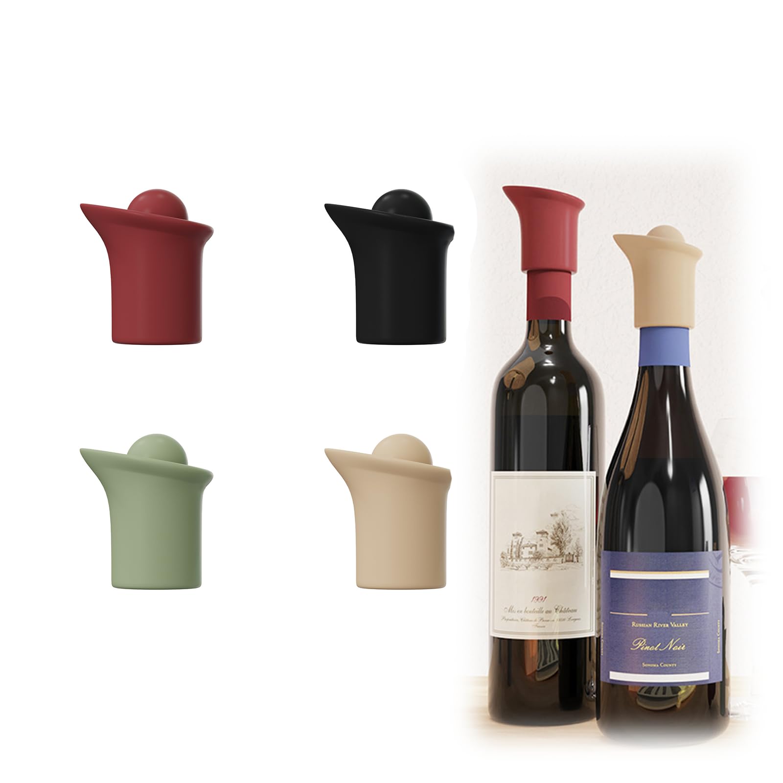 Silicone Wine Stopper for Wine Bottles, 2025 New Wine Stoppers for Wine Bottles, Seal Bottle Cover for Beer Champagne, Glass Bottle Sealer Covers Wine Stoppers for Home Use (4, Round Head)