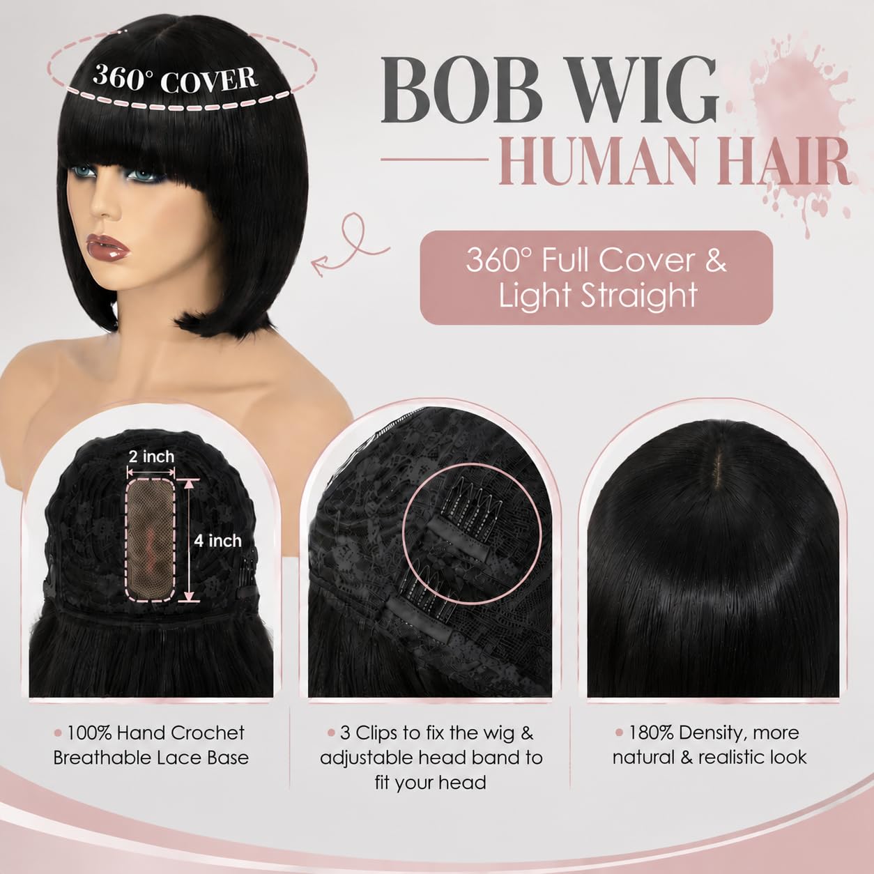 Straight Bob Wig Human Hair with Bangs, Glueless 2x4 HD Lace Closure