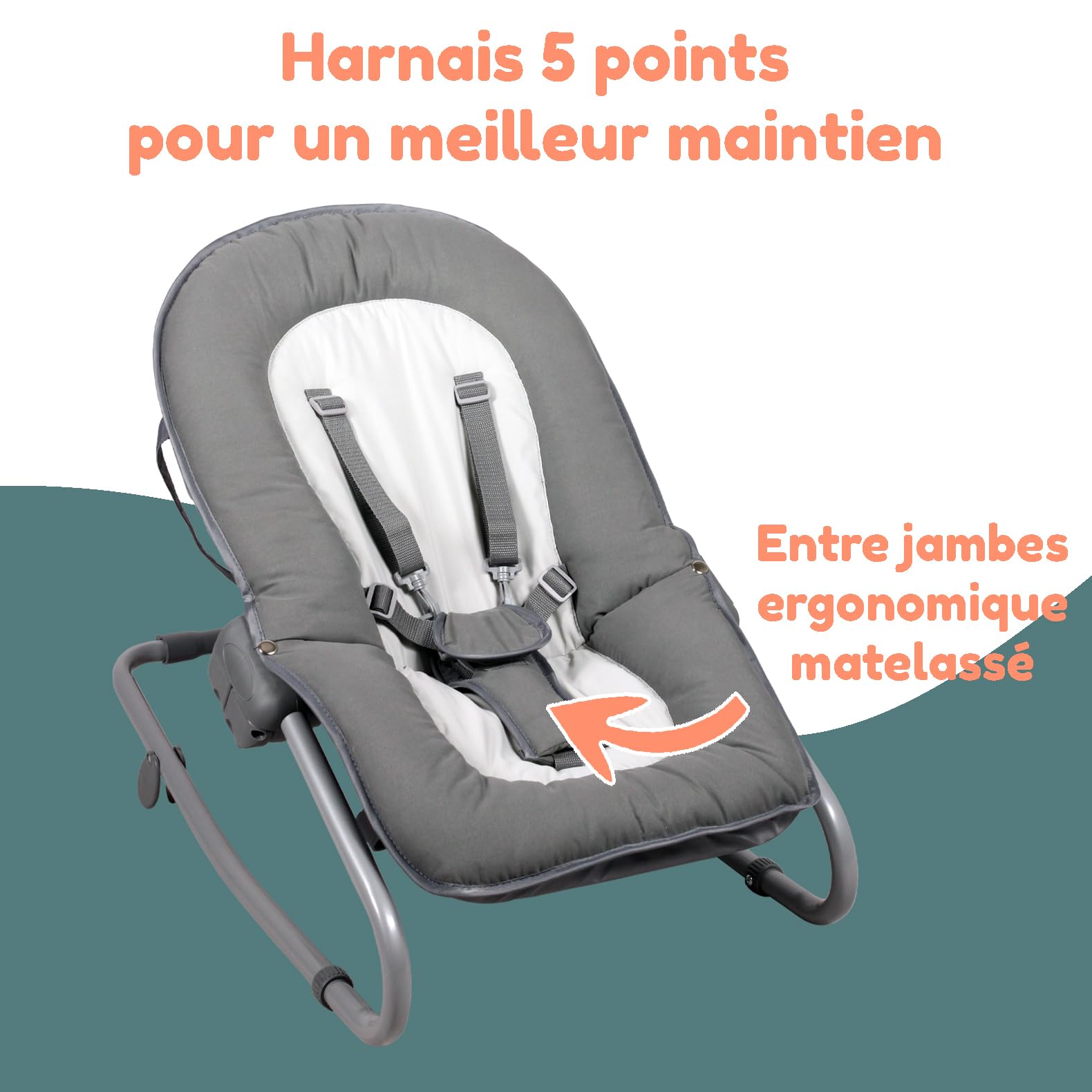 Bambisol Hamaca Bebe Nacimiento | Arnés de 5 puntos, Inclinable, Plegable Compacto, Posición Fija o Balancín | Gris