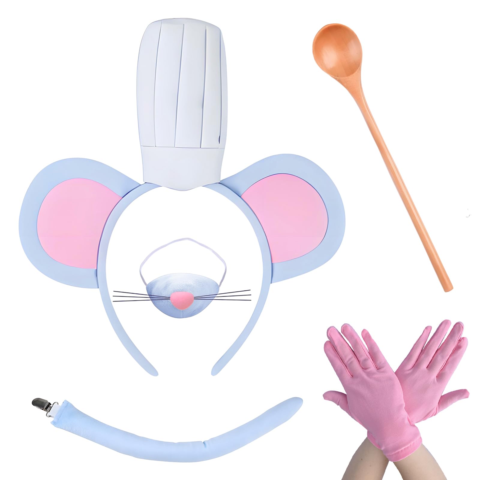 Maazusa Maus Kostüm Accessoires 5 Stück Karneval Maus Kostüm mit Mausohren Stirnband Schwanz Nase Handschuhe Kochen Verkleidung Erwachsene für Karneval Fasching Party