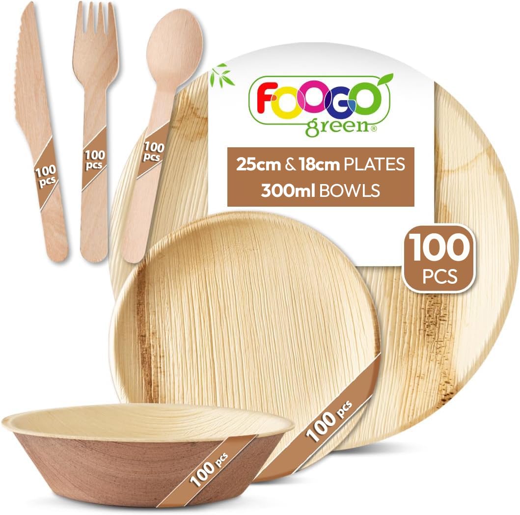 FOOGO Green 600pcs Disposable Palm Leaf Plates, Bowls and Wooden Cutlery Set, FSC® Certified, 100x Large Round, 100x Small Side Plates, 100x Bowls, 100x Forks, 100x Knives, 100x Spoons, Wedding