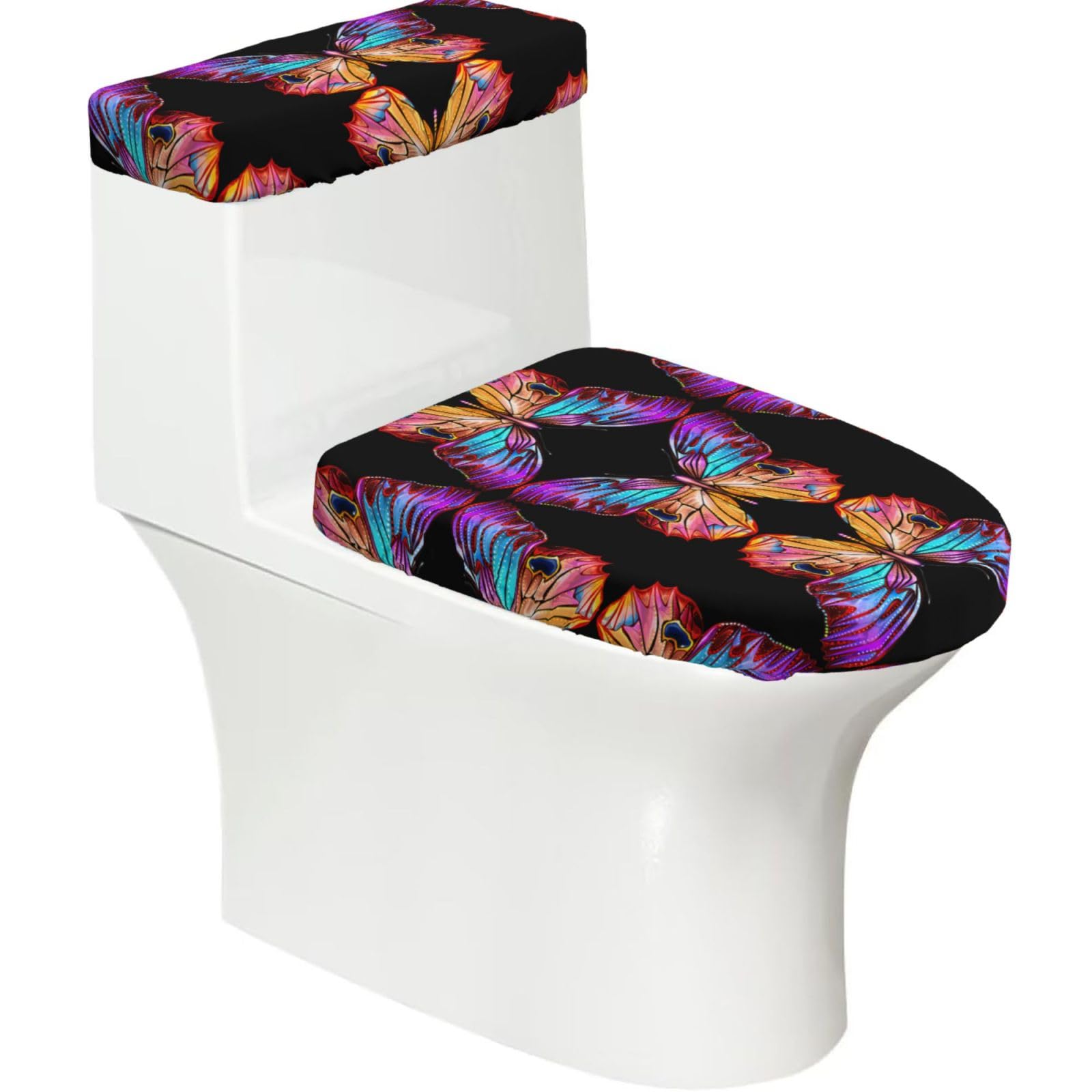 Mrowyc Black Colorful Butterfly Printed Toilet Seat Set - Set Of 2 - Universal Toilet Seat Cover - Housewarming Birthday Christmas Gift