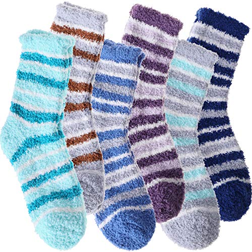 Girls Womens Girls Fuzzy Socks Soft Warm Slipper Cabin Fleece Plush Fluffy Sleep Cozy Winter Stocking Stuffers Christmas Adult Socks?Stripe B(6 Pairs)?