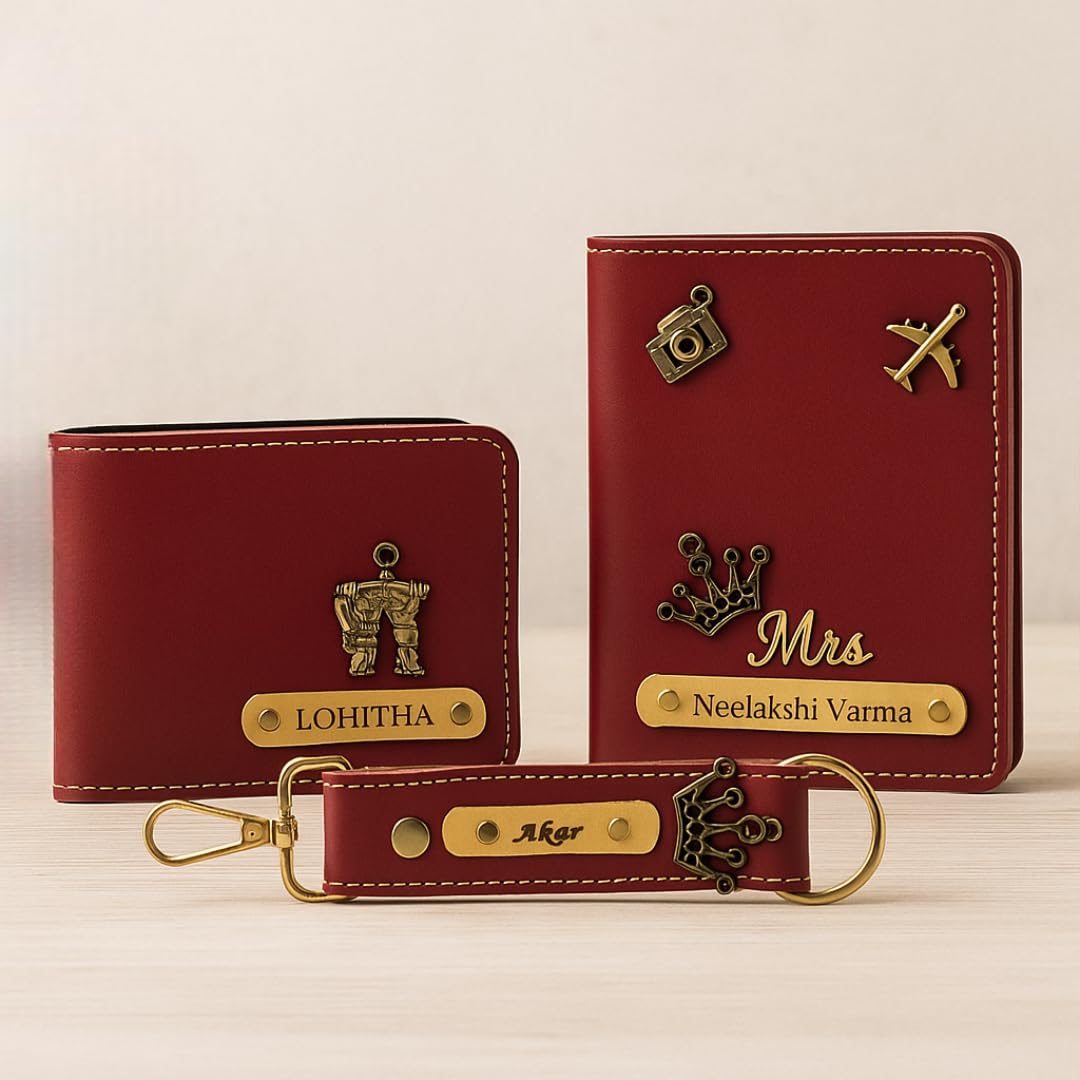 celed Personalized Black Leather Travel Set with Gold Accents, Passport Cover and Wallet with Custom Name Engraving, Keychain Gift Set (Red)-picture-24