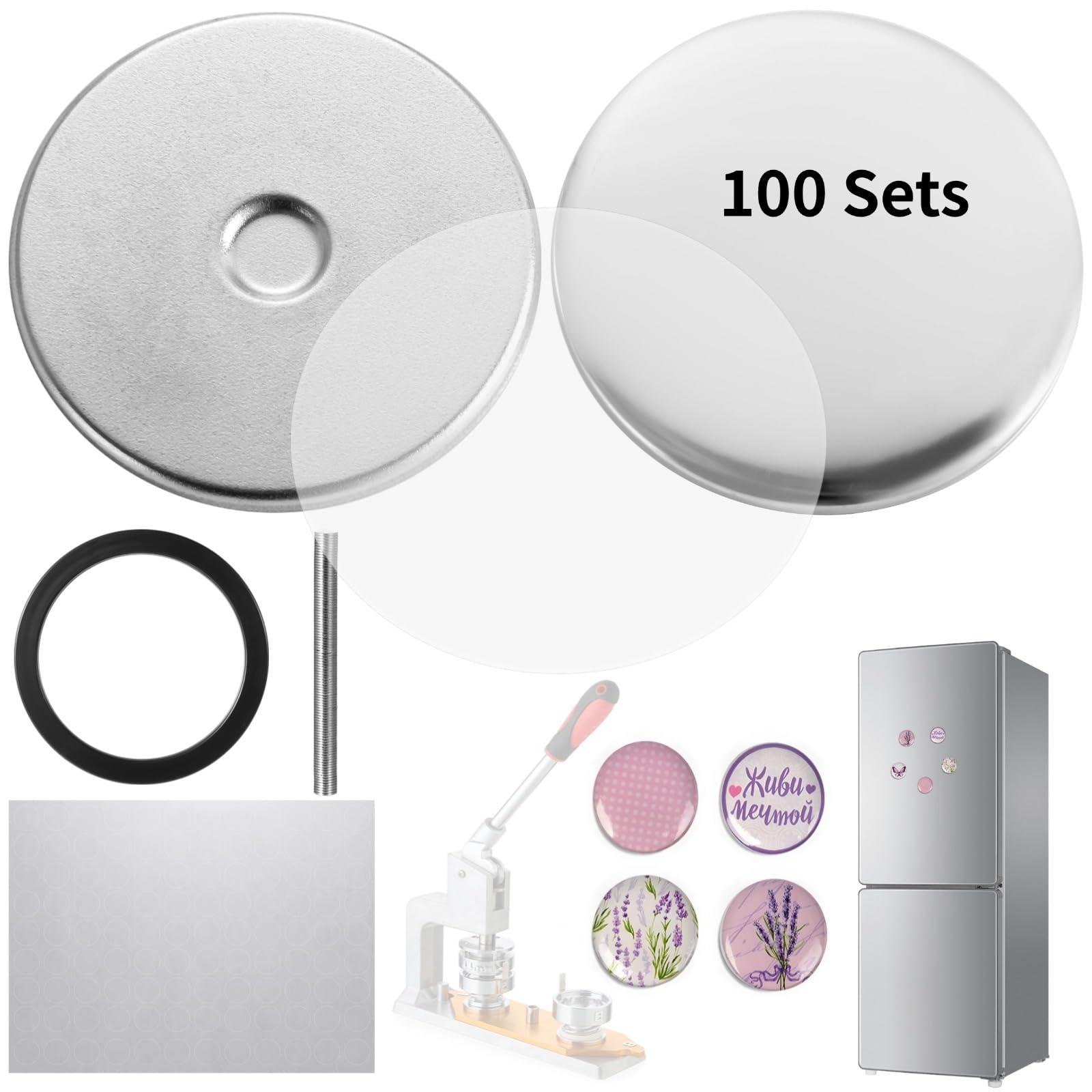 100 sets de boutons métal pour frigo, badges ronds vierges de 2,28 pouces, pièces de badge en fer blanc 58 mm avec films transparents, kit DIY pour frigo compatible avec Button Maker Machine