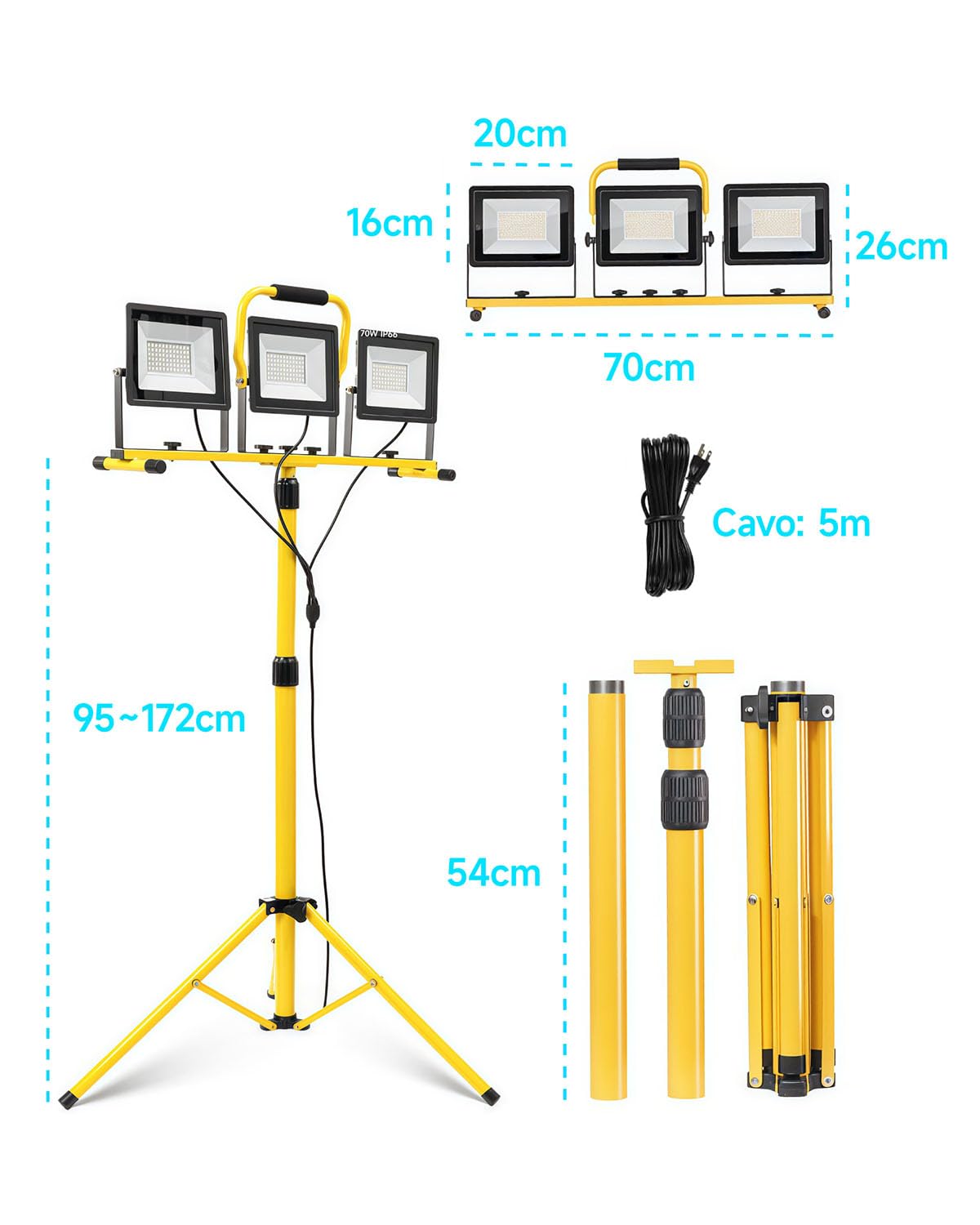 Faretto da Lavoro LED con Treppiede 210W, 20000LM, 3 Teste Regolabili, Cavo da 5m, IP66 Impermeabile, Lampada da Cantiere Pieghevole per Esterni, Officina & Emergenze