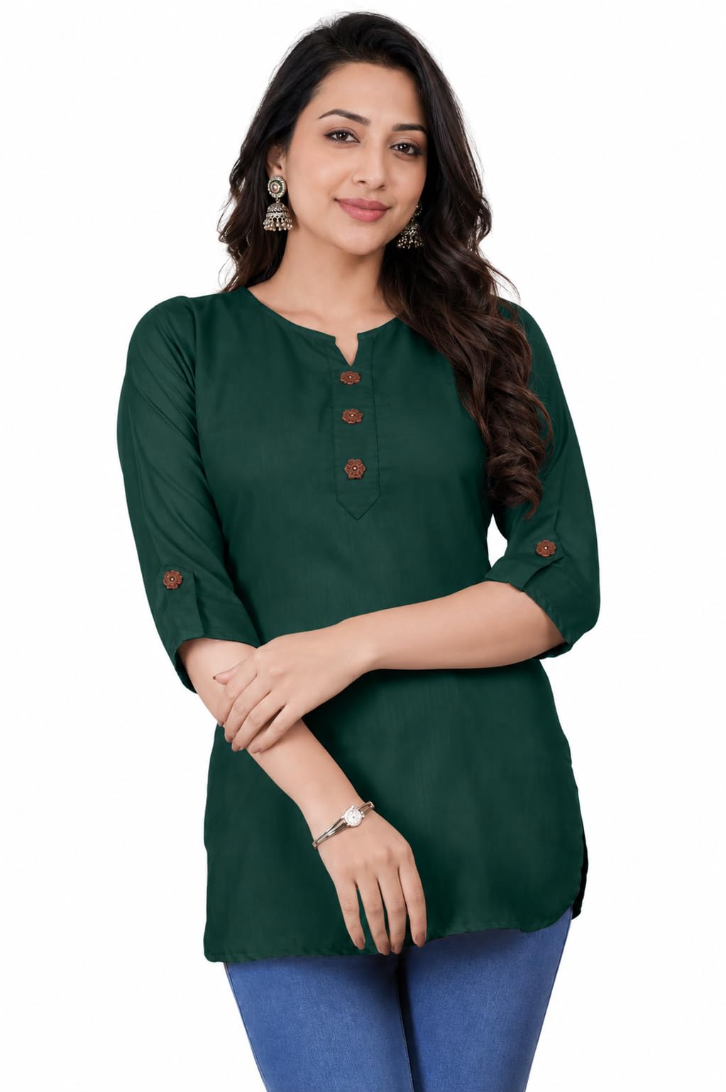 VANTRS Women's Short Kurti, Pink, Cotton Blend, 3/4 Sleeve, Round Neck, Stylish Button Placket, Regular Fit, Casual Ethnic Top-picture-16