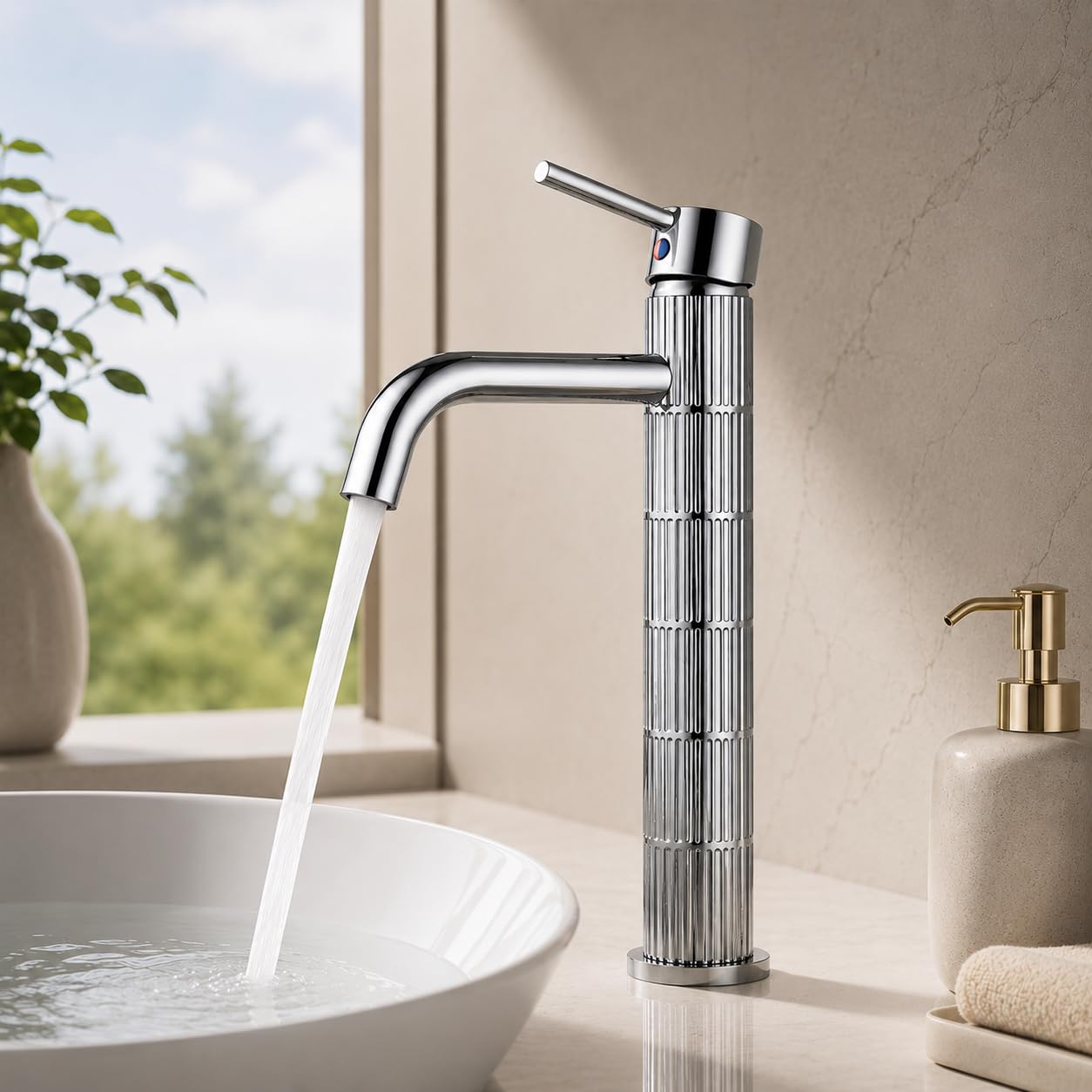 Grifo de lavabo alto monomando con cuerpo de latón, mezclador para lavabo sobre encimera, acabado cromado, cartucho cerámico duradero (Cromado, Alto)