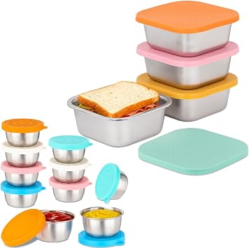4 Pack Sandwich Containers+10 Pack 1.6 Oz Salad Dressing Containers To Go, Stainless Steel Food Storage with Silicone Lids, Reusable Leakproof Sauce Container for Lunch Sandwiches Salad Snacks