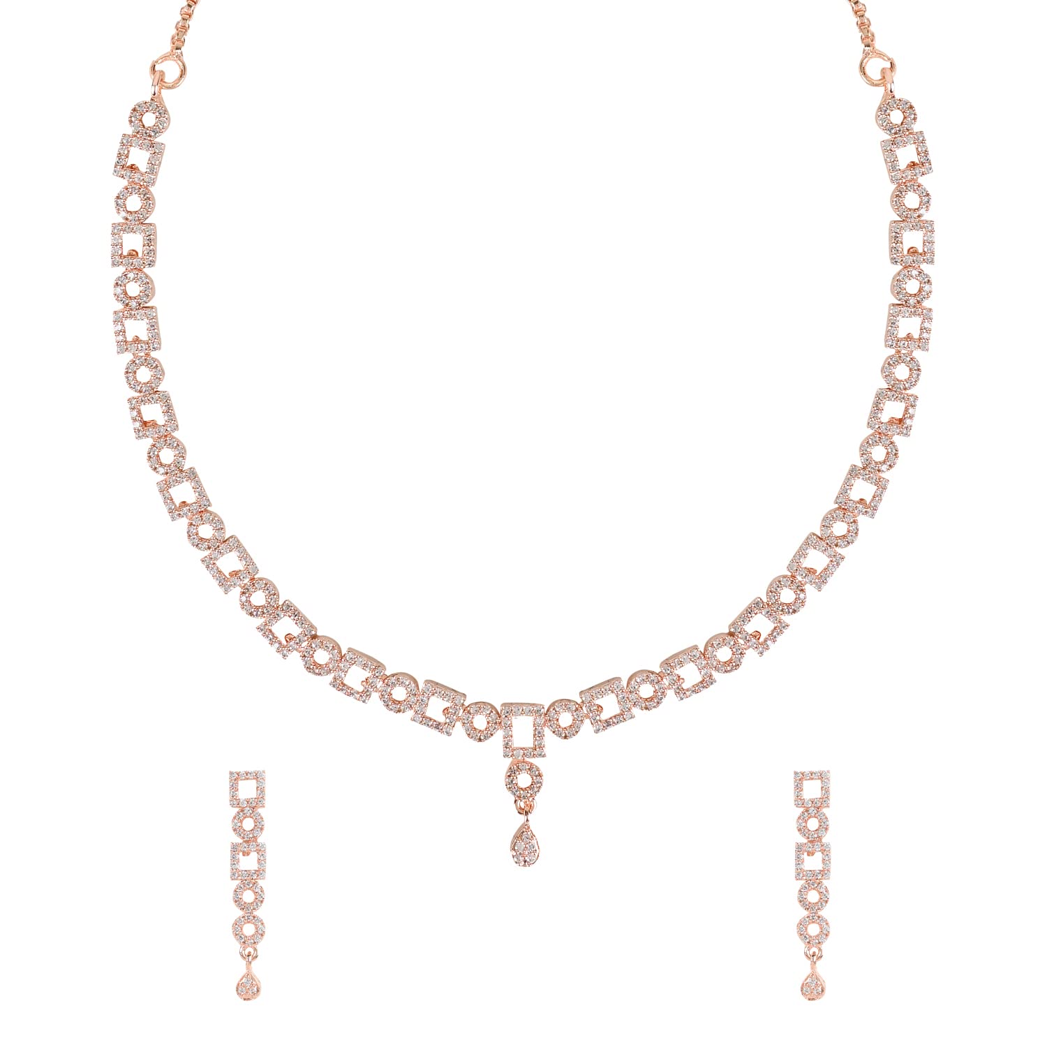 I JewelsI Jewels Rose Gold Plated Wedding Bridal Gifting CZ Cubic Zirconia Jewelry Necklace Set with Earrings for Women