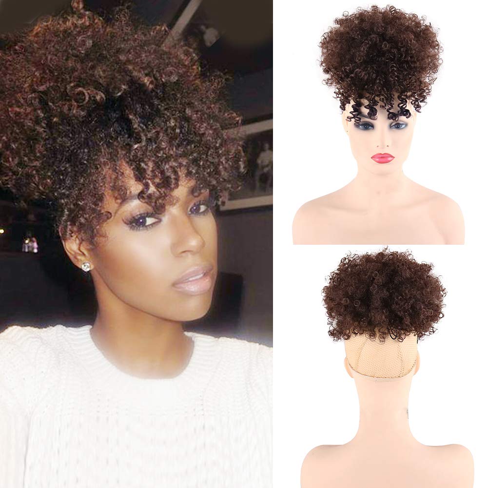 AisaideHigh Afro Puff Drawstring Ponytail Bun with Bangs for Black Women Short Afro Curly Ponytail Extension Clip in Hair Extensions Pineapple Synthetic Brown Ponytail with Two Clips(4#)