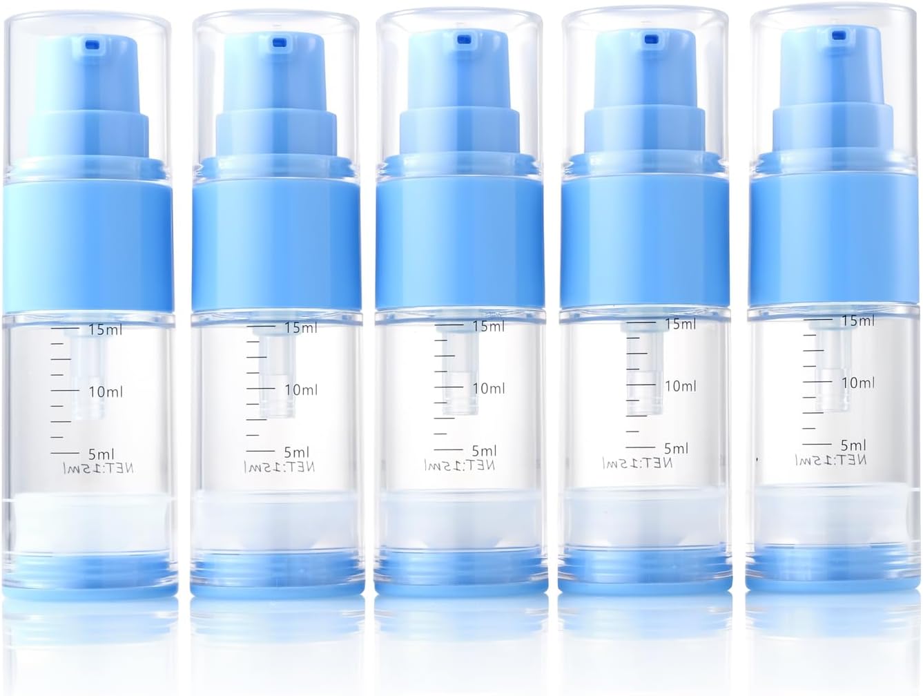 0.5oz/15ml Travel Airless Pump Bottles, 5 Pack Refillable Vacuum Cosmetic Containers with Clear Organizer Case & Labels, Small Lotion Dispenser Bottles for Skincare, Toiletries & Cosmetics