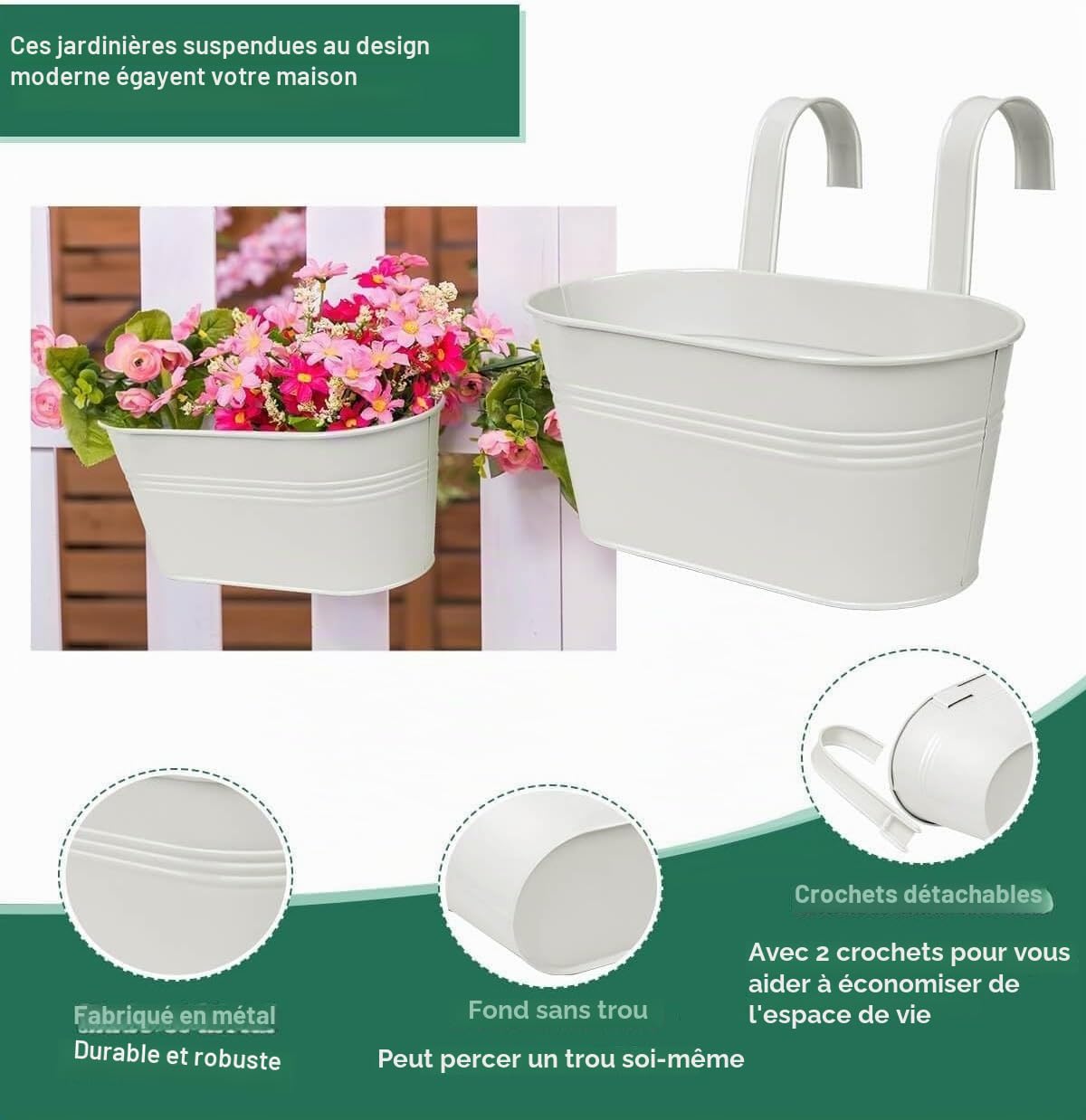 LATERN 4 Pièces Pots de Fleurs Suspendus en Métal, 27.5CM Grands Pots de Plantes Seau à Fleurs Suspendu avec Crochet Amovible pour Balcon Clôture Jardin Maison Décor (Blanc)