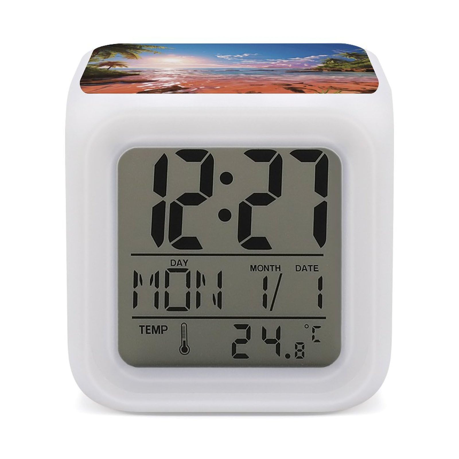 Reloj despertador digital LED de playa con 7 colores y temperatura