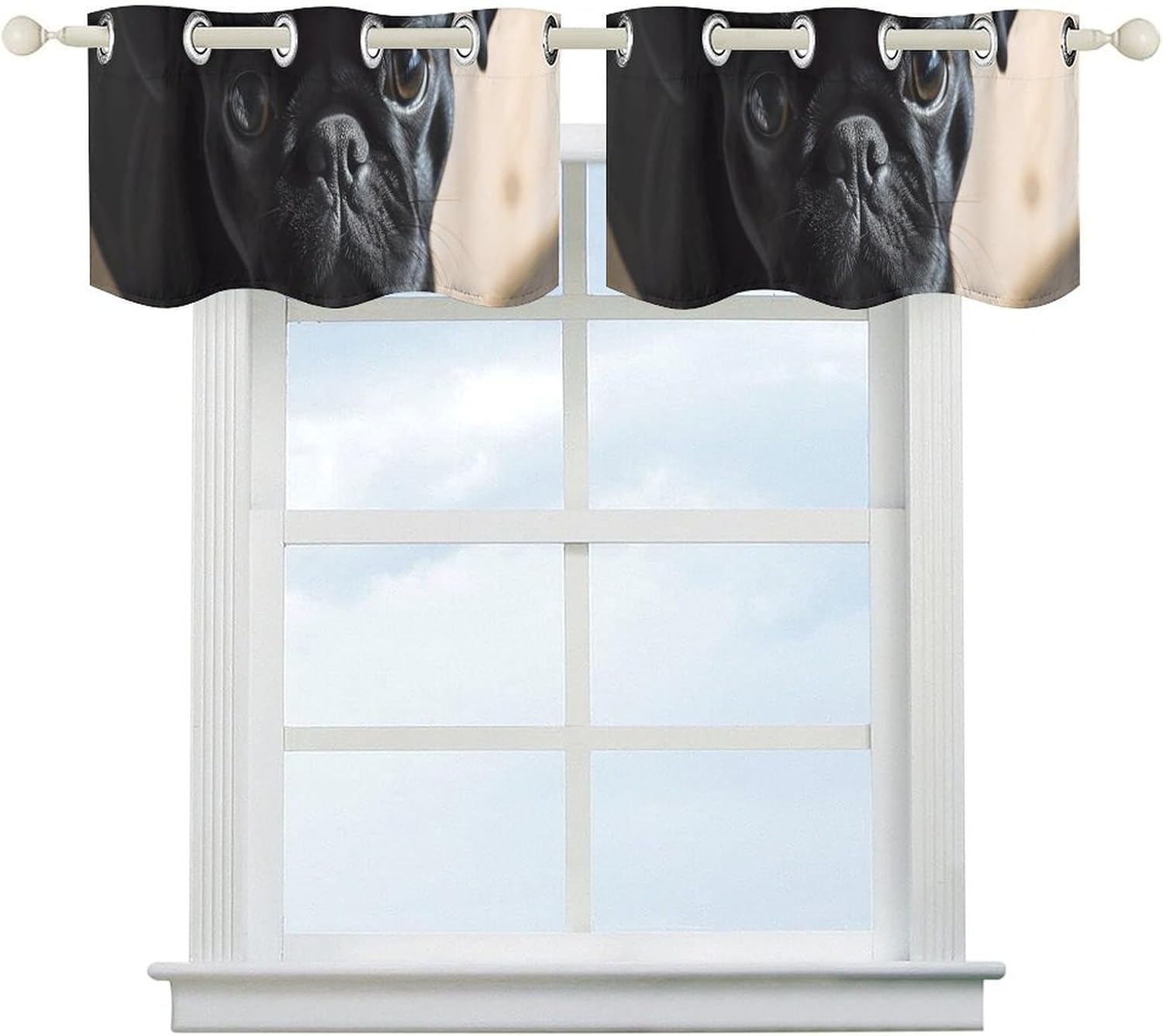 Black Pug Dog Puppy Valance for Windows, 2 Pack Kitchen Curtains Modern Home Decor, Soft Blackout Window Curtains for Living Room & Bedroom, 18 X 52 Inch