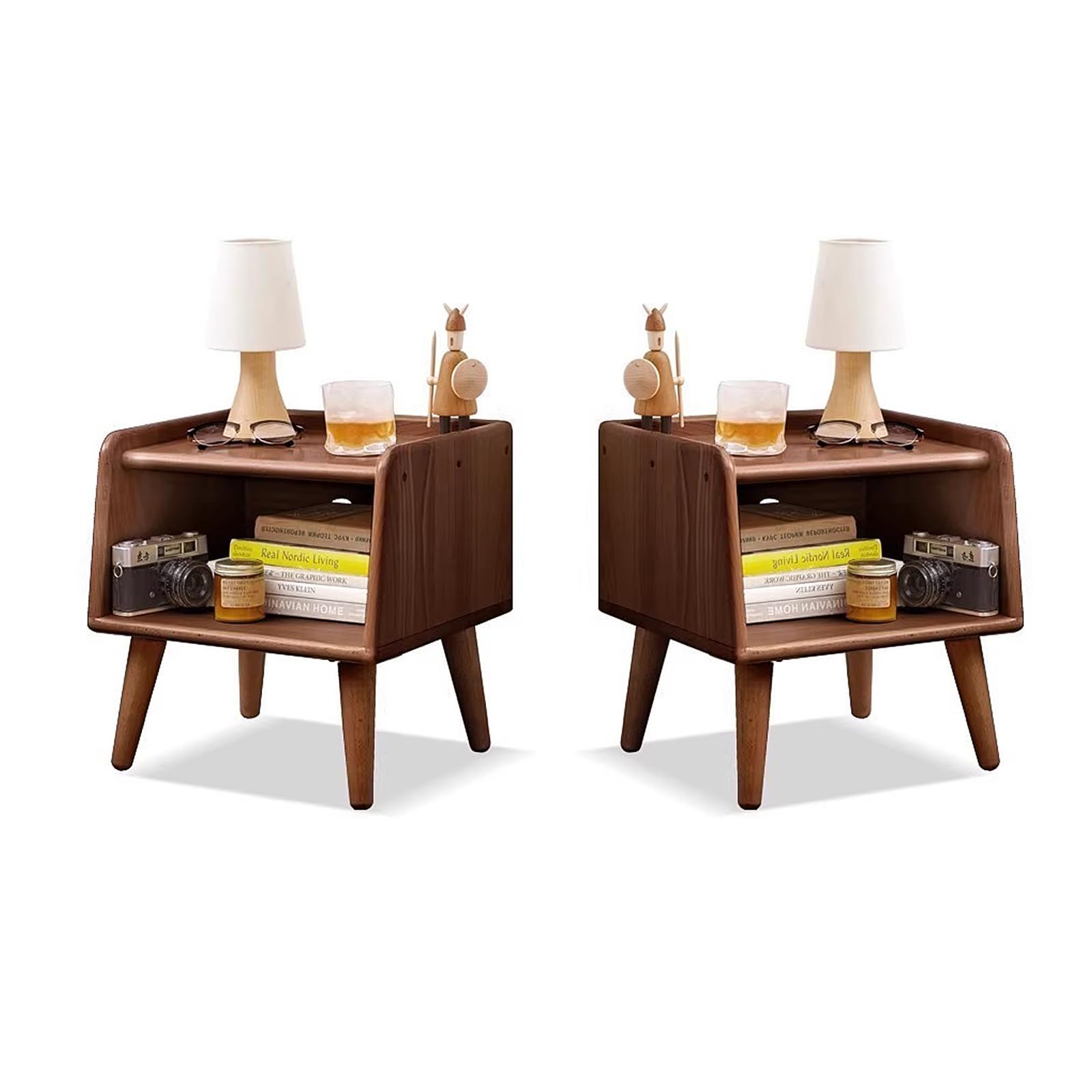 Solid Wood Nightstand Set of 2 - Mid-Century Modern Walnut Bedside Tables